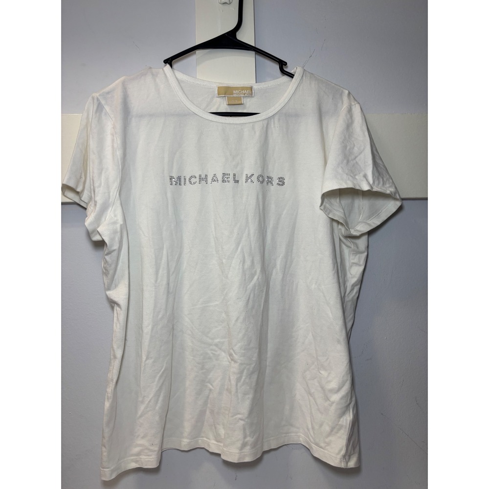 Michael Kors Women's XL White Rhinestone Studded Logo Short Sleeve T-Shirt Y2K